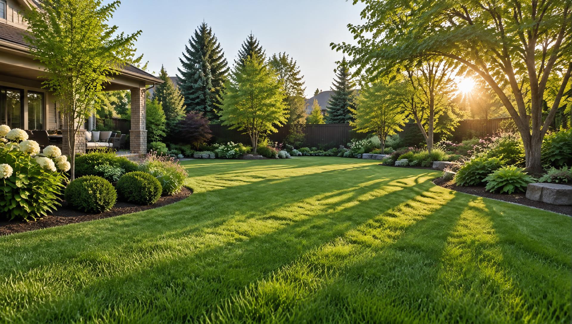 A green residential backyard lawn bordered by shrubs and garden beds